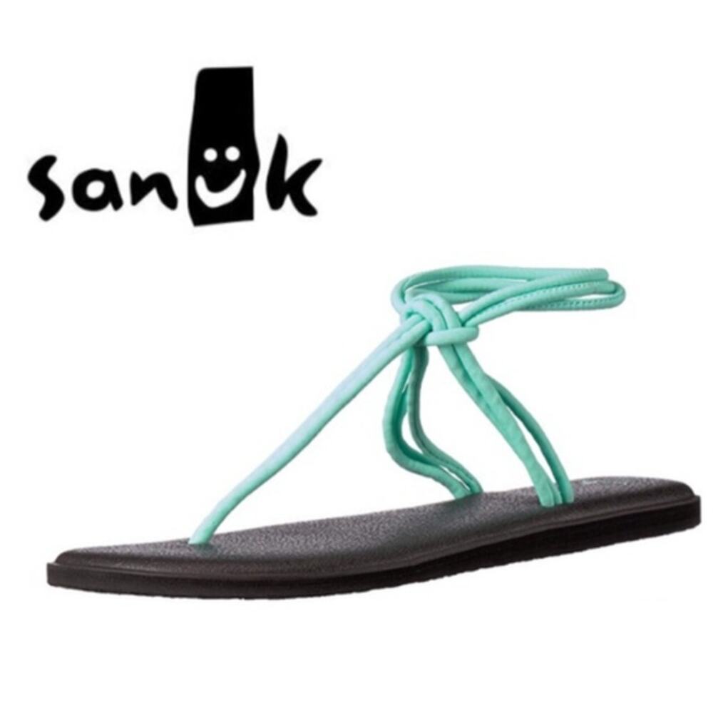 Sanuk Sunshine Black Yoga mat flat t-strap thong sandals shoes Aqua Green Size 9